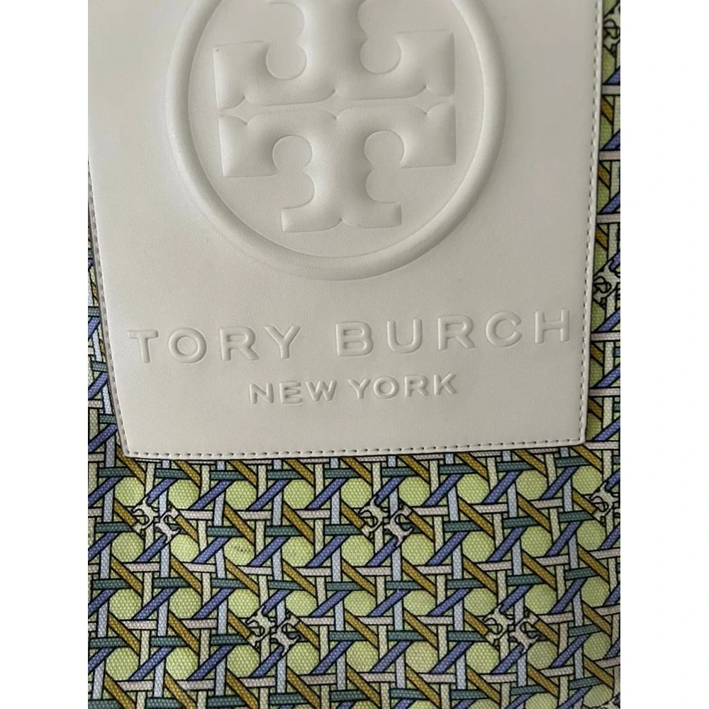 Tory Burch Ella Basketweave Tote Bag Yellow Blue Plaid Lining Canvas Leather Log